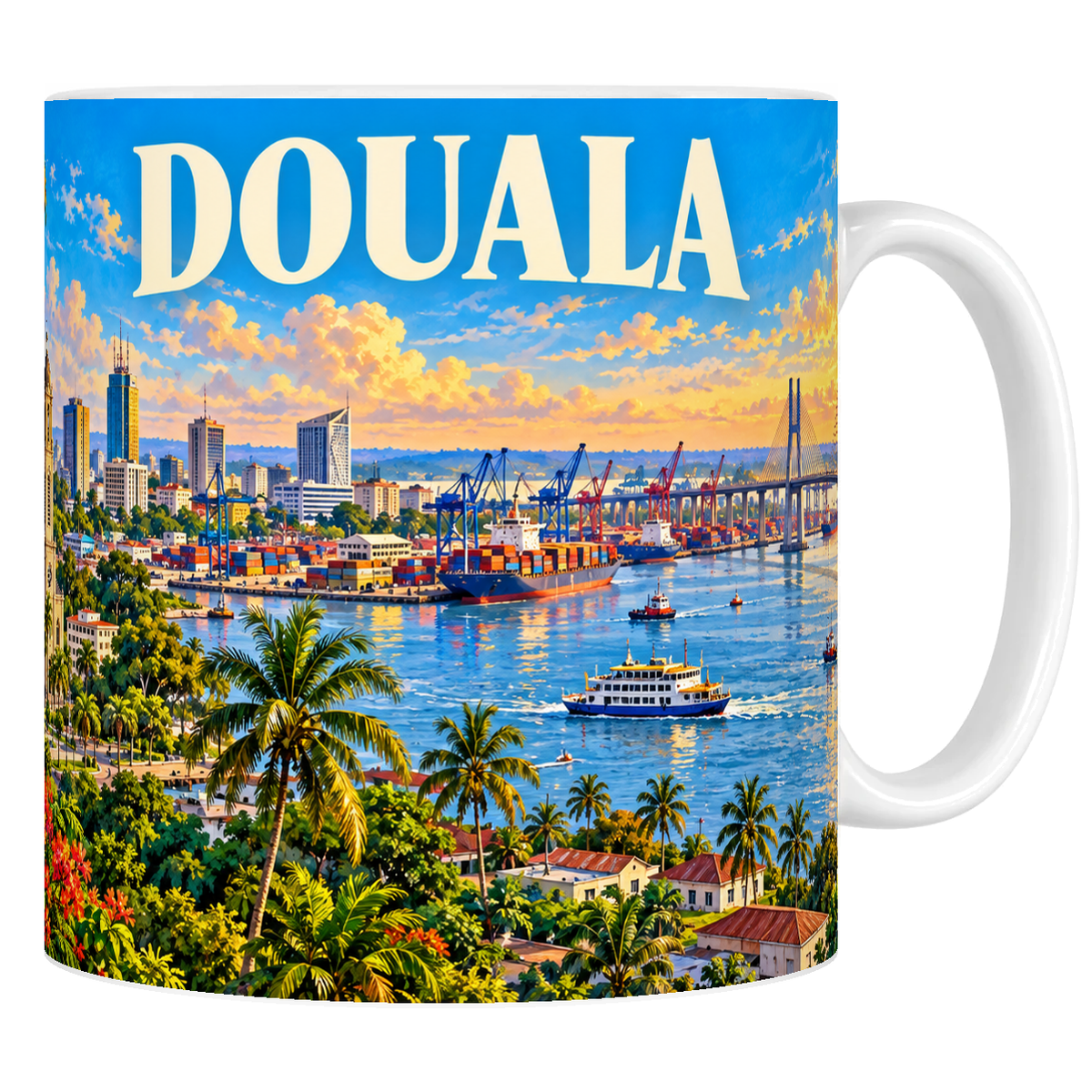 Mug en céramique blanche 330 ml illustré du port du Wouri à Douala et de son pont à haubans, style affiche vintage