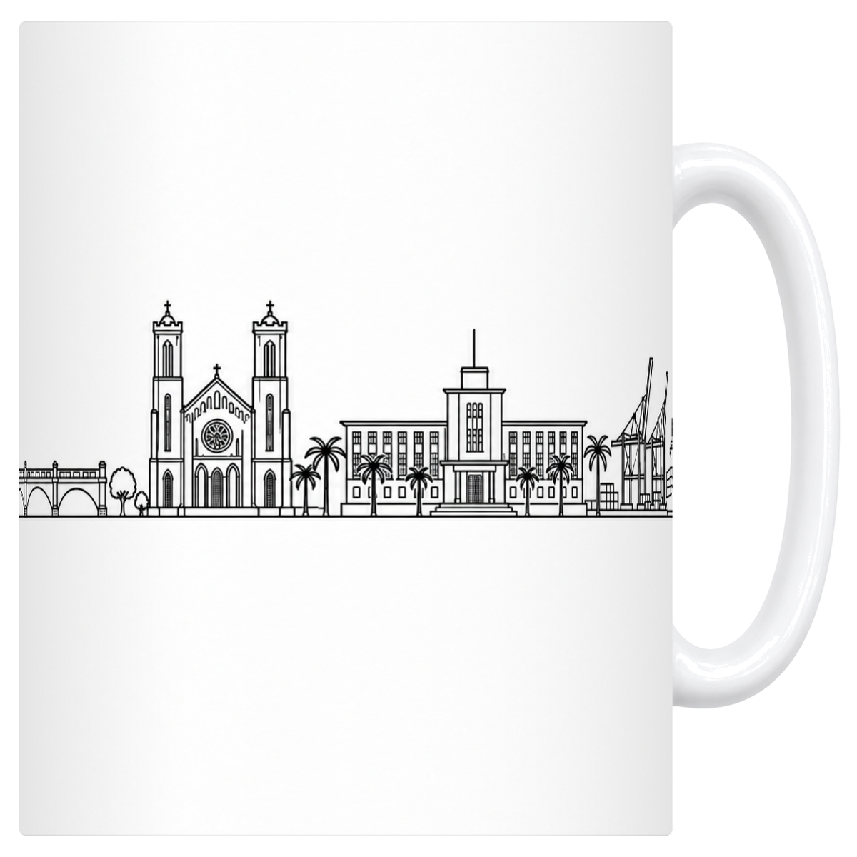 Mug blanc en céramique 330 ml illustré du skyline de Douala au trait noir : le pont en arches, la cathédrale et ses deux clochers, le bâtiment administratif à tour et les portiques du port