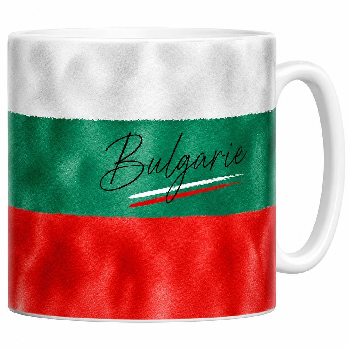 Mug céramique blanc drapeau bulgare en aquarelle : blanc vert rouge, signature calligraphiée