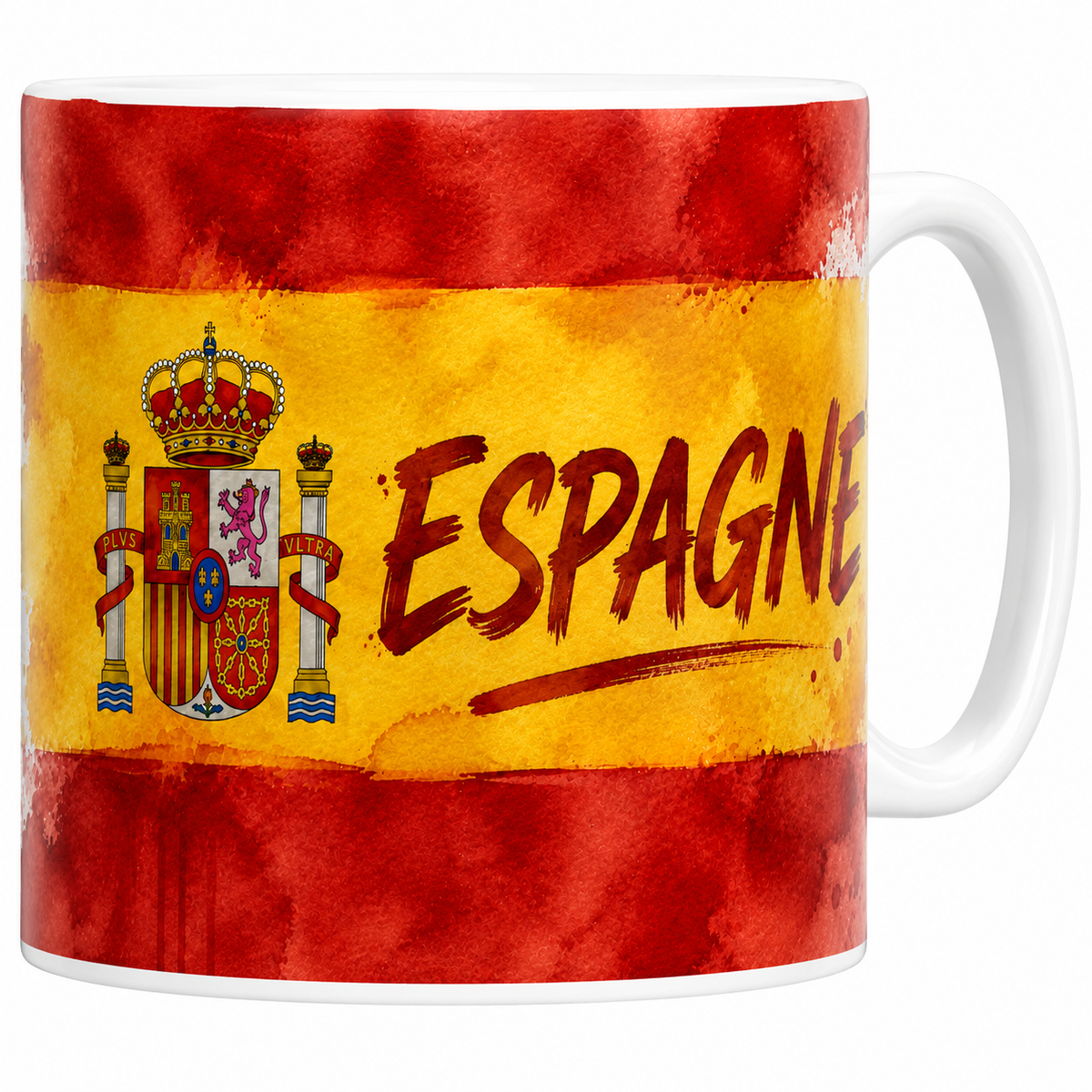 Mug céramique blanc drapeau espagnol : aquarelle rouge et or, armoiries aux colonnes et texte Espagne