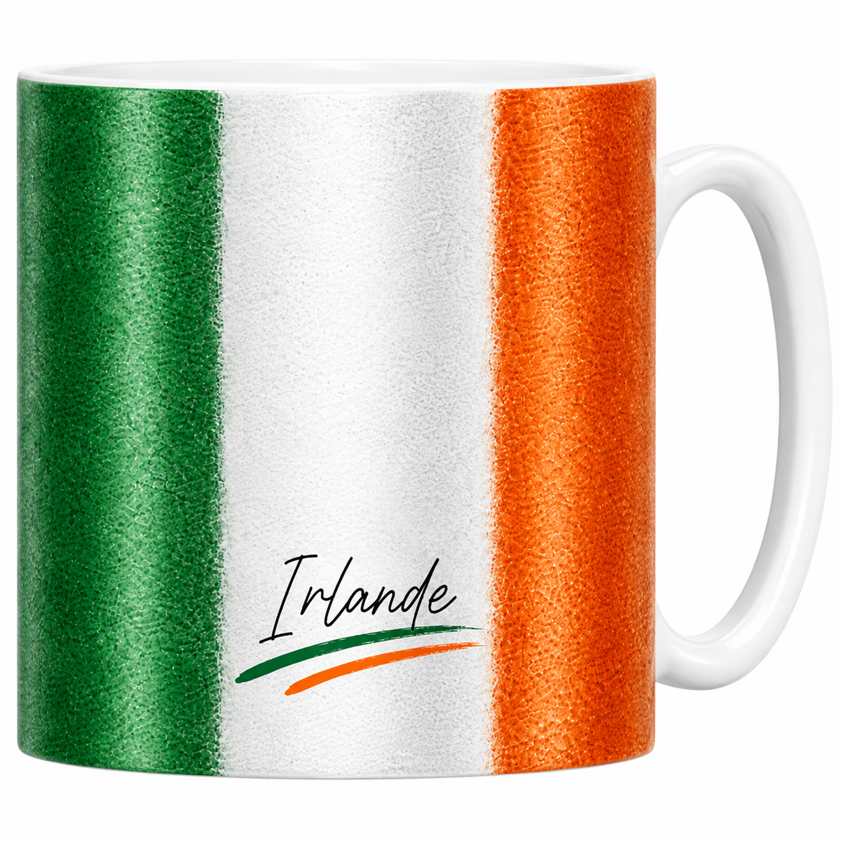Mug céramique blanc drapeau irlandais en aquarelle : vert blanc orange, signature calligraphiée