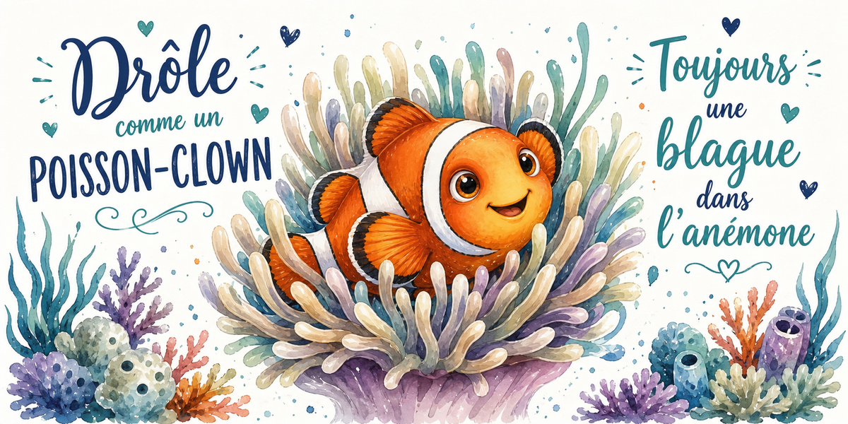 Poisson-clown dans son anémone à l'aquarelle : « Drôle comme un poisson-clown. Une blague dans l'anémone »
