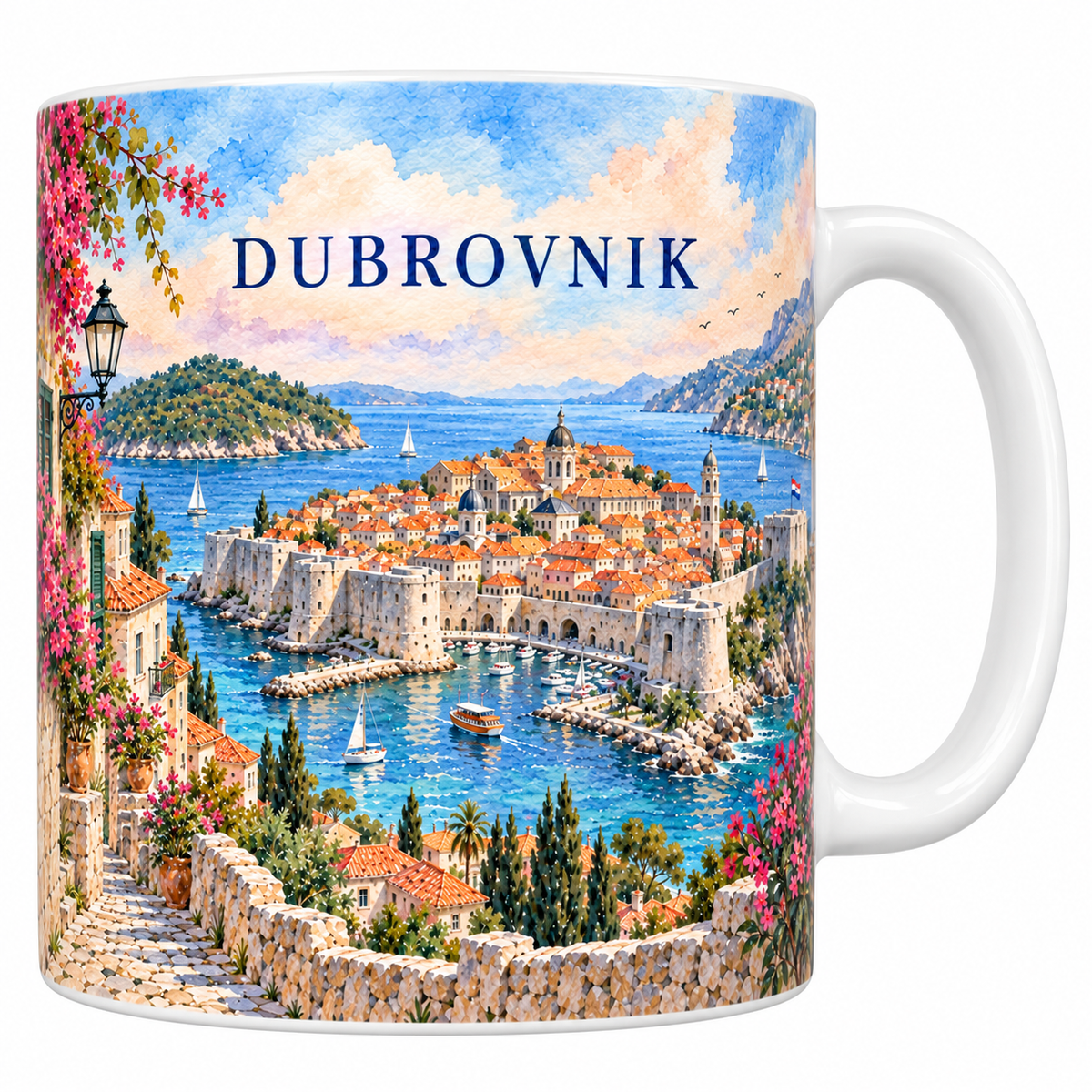 Mug en céramique blanche 330 ml illustré à l'aquarelle de Dubrovnik : la vieille ville et ses remparts, les toits orange, le vieux port et l'Adriatique