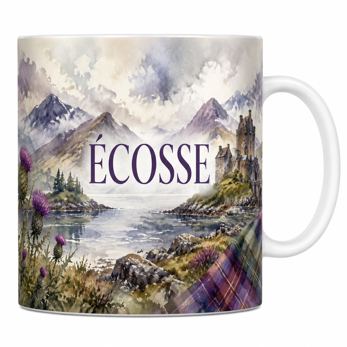 Mug céramique 330 ml Écosse : château des Highlands sur son loch, chardons violets et tartan en aquarelle