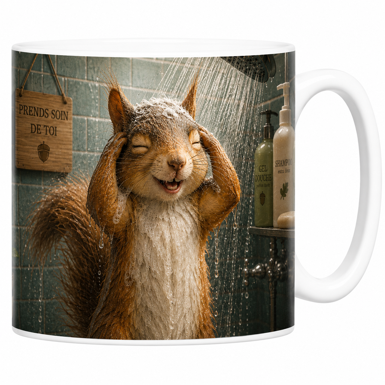 Mug écureuil sous la douche en céramique blanche, mousse sur la tête et panneau Prends soin de toi