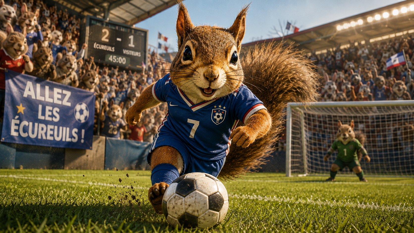 Visuel écureuil footballeur : maillot bleu n°7, banderole Allez les Écureuils, stade comble et score 2-1