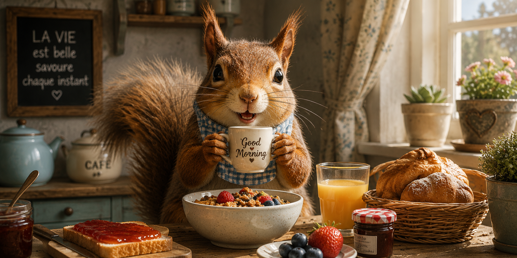 Visuel écureuil au petit-déjeuner : mug Good Morning, ardoise La vie est belle savoure chaque instant