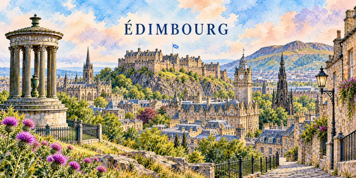Illustration aquarelle d'Édimbourg : le monument circulaire à colonnes, les chardons violets, le château sur son rocher, la flèche du Scott Monument, les toits de la vieille ville et la ruelle en escalier.