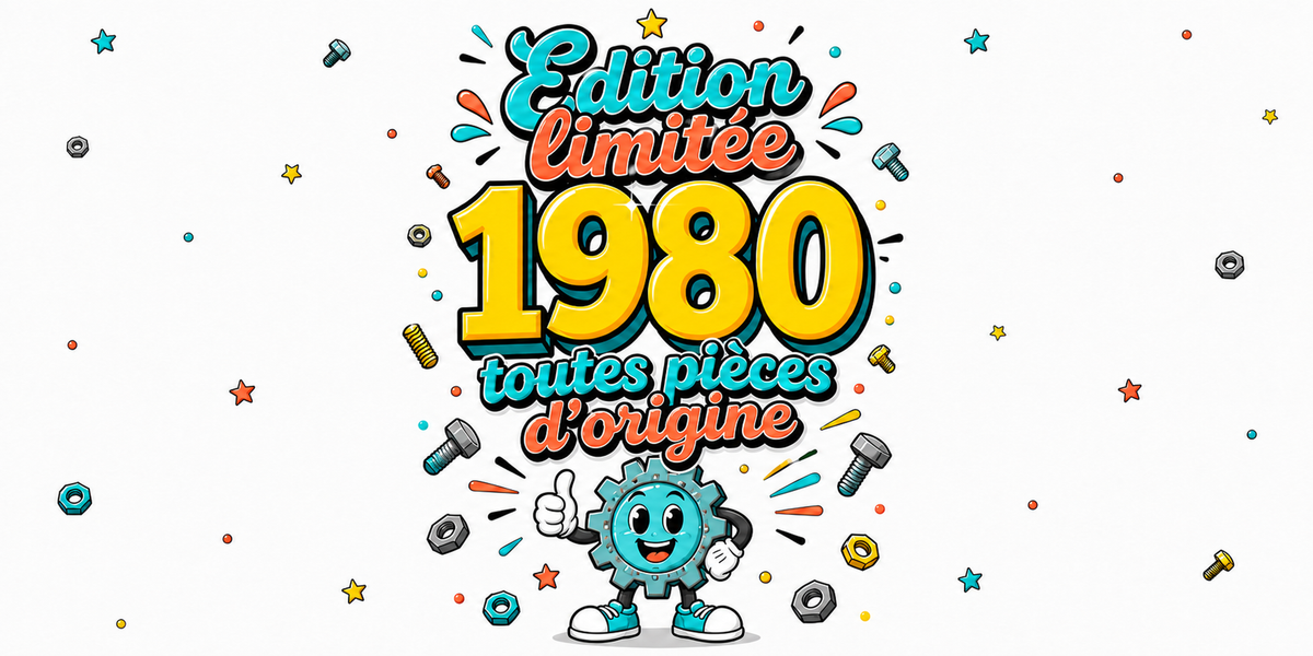 Visuel « Édition limitée 1980, toutes pièces d'origine », millésime jaune et engrenage
