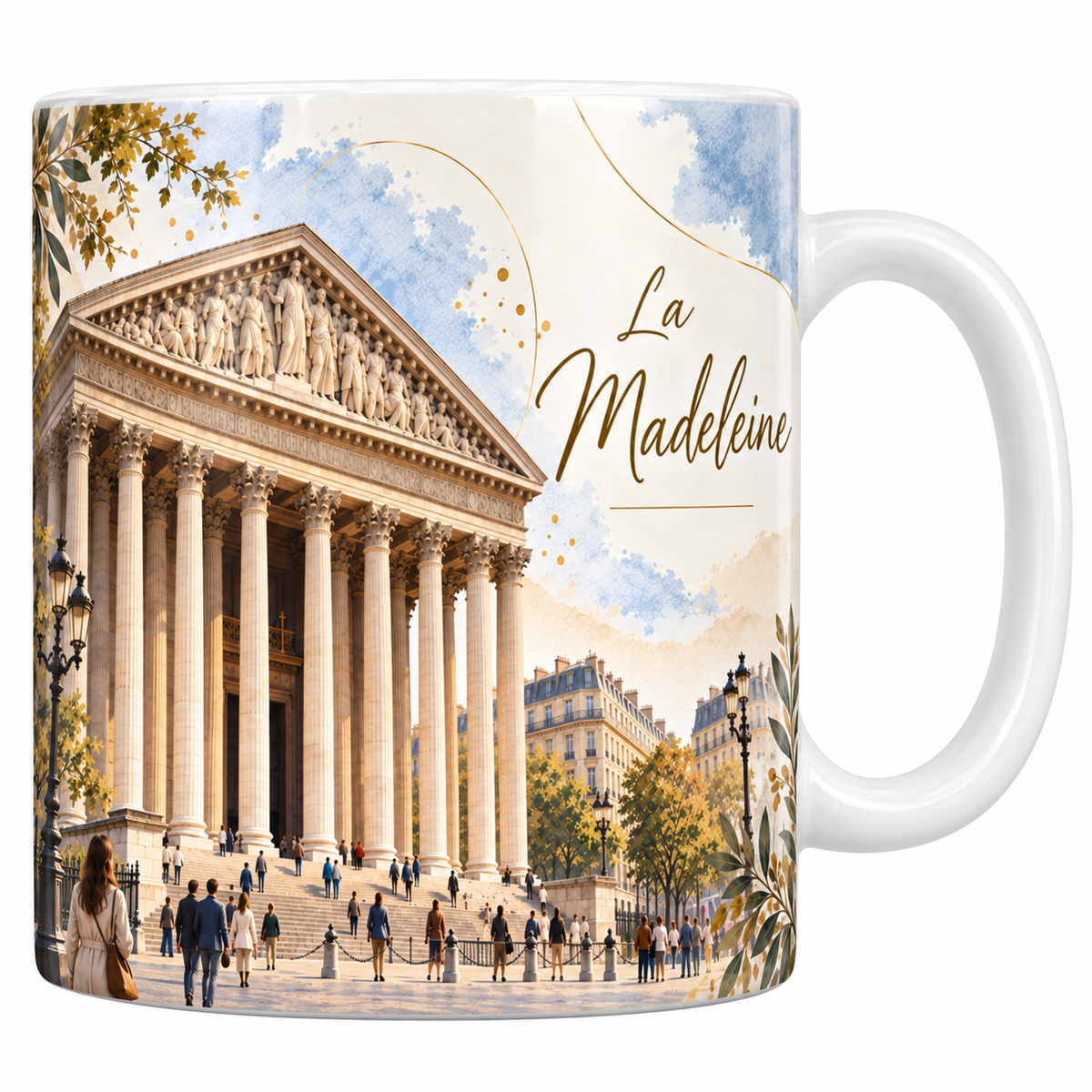 Mug céramique blanche 330 ml illustré de l'église de la Madeleine à Paris à l'aquarelle, sa colonnade corinthienne et son fronton sculpté, les passants et les réverbères de la place, des feuillages d'olivier et le titre La Madeleine en lettres dorées