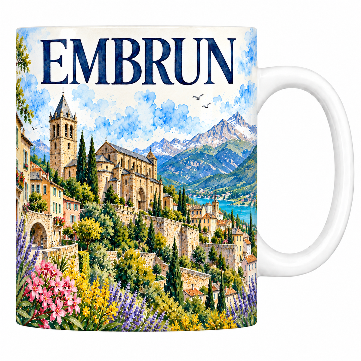 Mug blanc en céramique 330 ml illustré Embrun à l'aquarelle : la cathédrale, les remparts sur le Roc et le lac de Serre-Ponçon