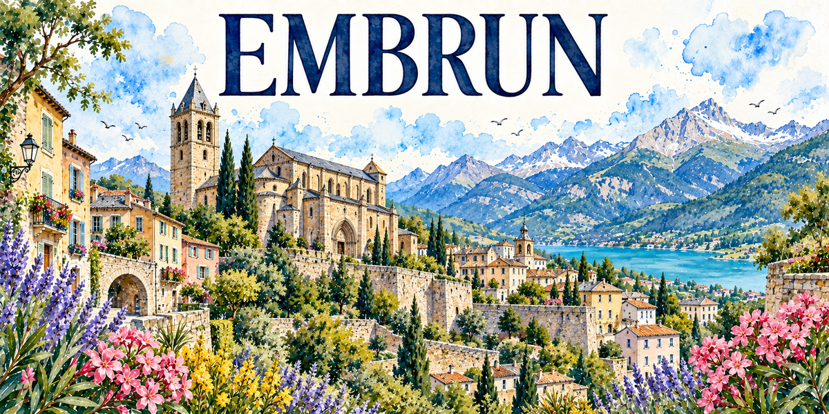 Illustration aquarelle d'Embrun : porte en arc et maisons de pierre, cathédrale Notre-Dame-du-Réal à assises alternées claires et sombres et son clocher carré, remparts sur le rocher, cyprès, lac de Serre-Ponçon turquoise en bas, sommets enneigés des Écrins