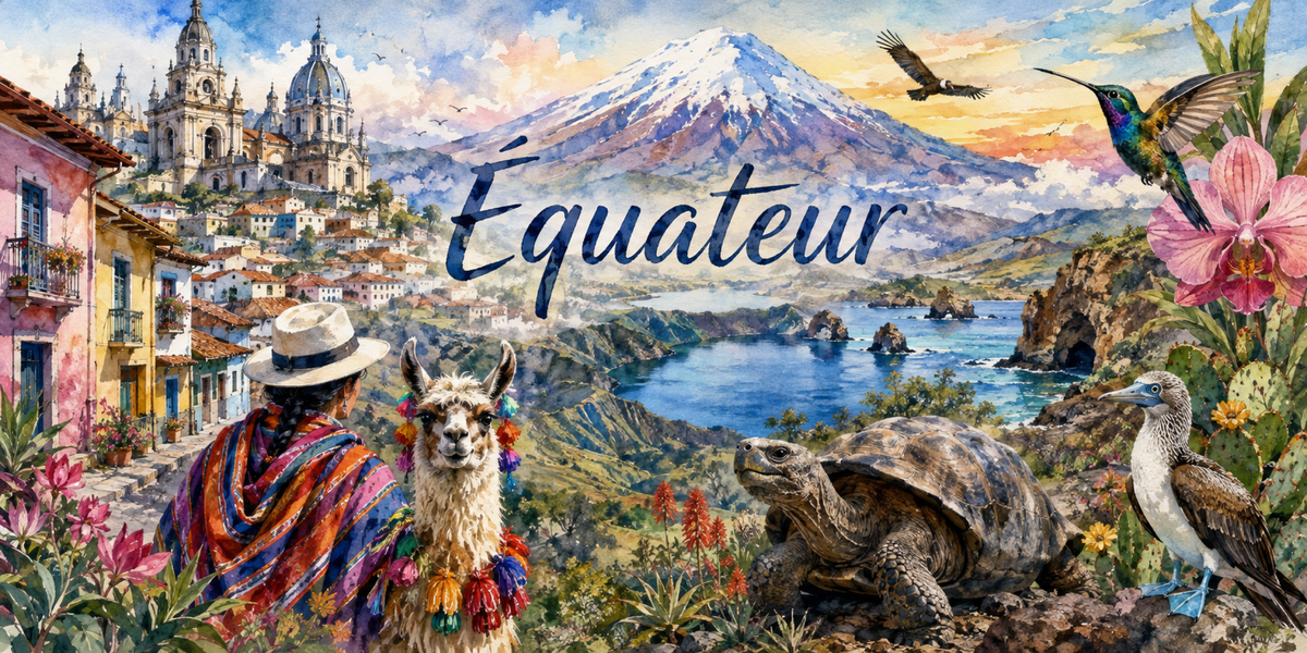 Visuel Équateur aquarelle : Galápagos, fou à pattes bleues, Quito, colibri, chapeau panama et lama
