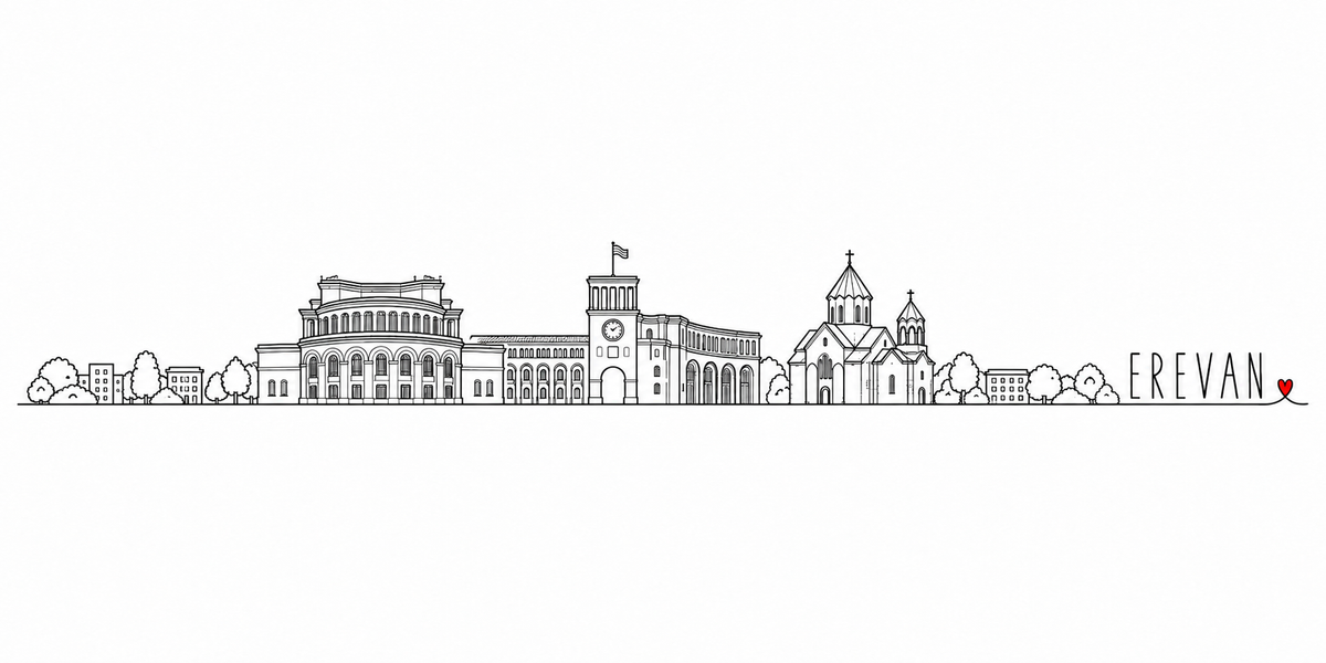 Skyline d'Erevan dessiné au trait noir continu, de gauche à droite : les arbres et les maisons basses, l'opéra à colonnade et sa rotonde, les façades de la place de la République et l'immeuble à tour-horloge surmonté d'un drapeau, l'église à coupole conique et sa chapelle, les arbres et les maisons — avec le nom EREVAN en capitales espacées et un petit cœur rouge