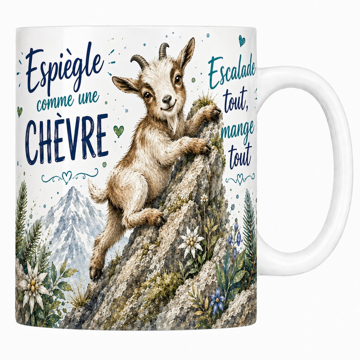 Mug céramique blanc « Espiègle comme une chèvre », jeune chèvre en appui sur la roche à l'aquarelle