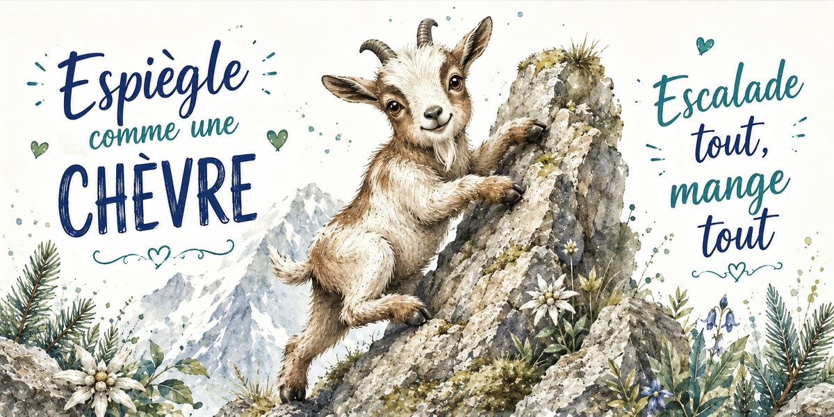Jeune chèvre escaladant un rocher à l'aquarelle : « Espiègle comme une chèvre. Escalade tout, mange tout »