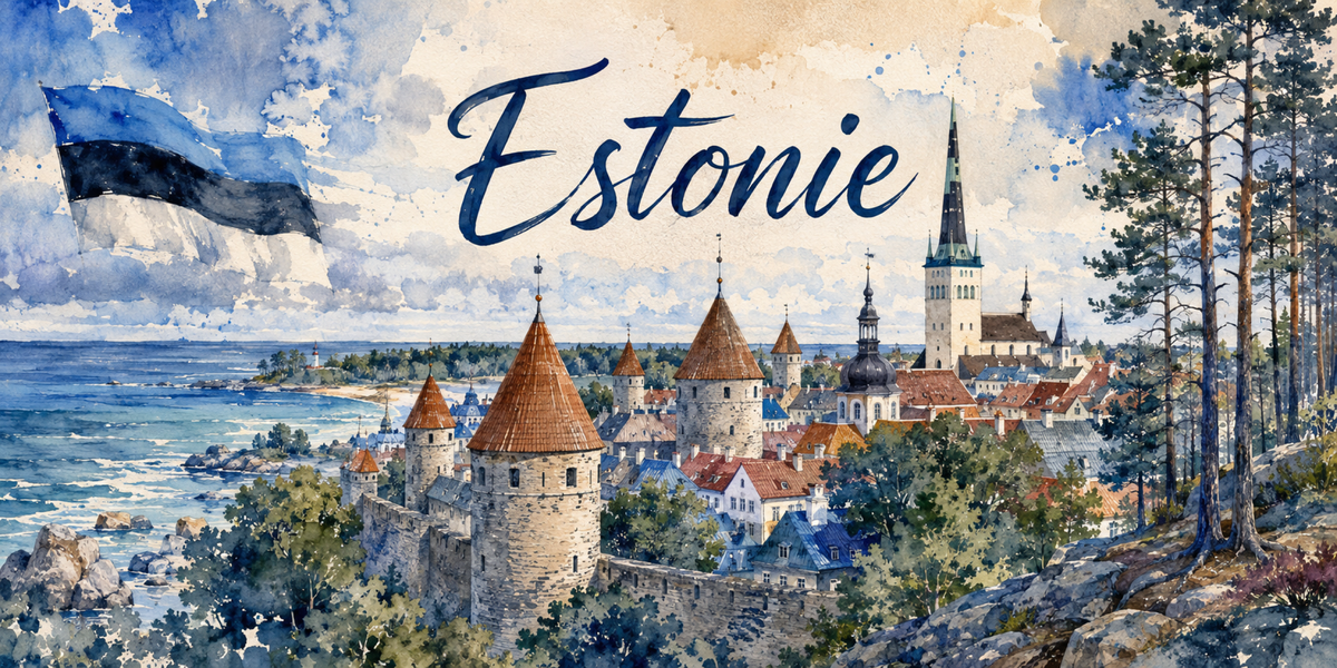 Visuel Estonie aquarelle : tours à toits coniques rouges de Tallinn, clocher et rivage balte