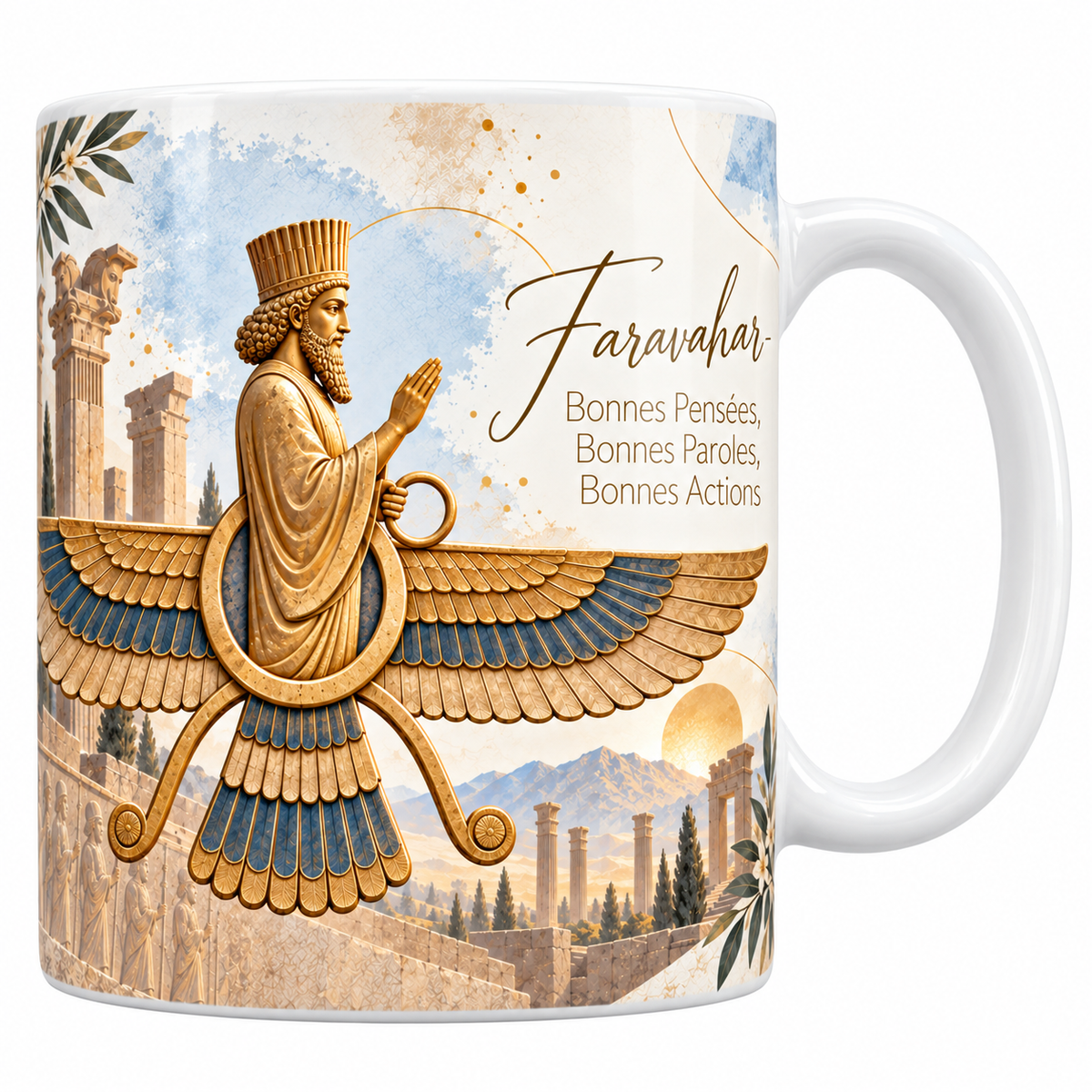 Mug céramique blanche 330 ml illustré du Faravahar à l'aquarelle, le symbole ailé doré et bleu, la figure barbue coiffée d'une tiare tenant un anneau et la main levée, les colonnes de Persépolis et les montagnes derrière et le titre Faravahar - Bonnes Pensées, Bonnes Paroles, Bonnes Actions en lettres dorées