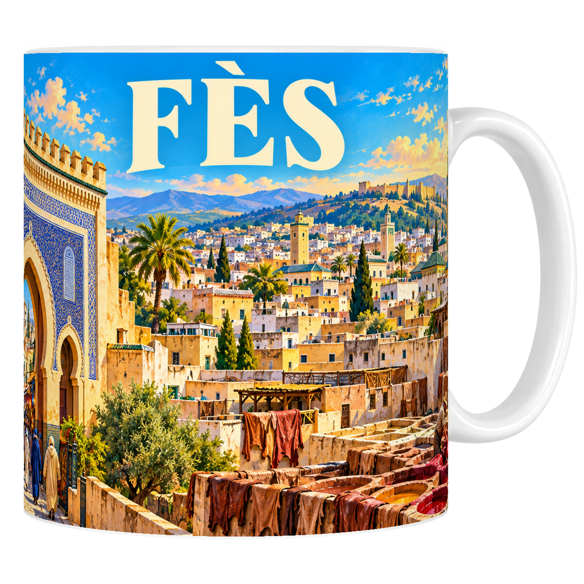 Mug céramique 330 ml « FÈS » : porte bleue de Bab Bou Jeloud et tanneries Chouara