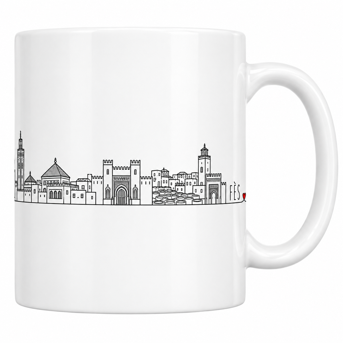 Mug blanc en céramique 330 ml illustré du skyline de Fès au trait noir : Bab Bou Jeloud, minarets, remparts, cuves des tanneries