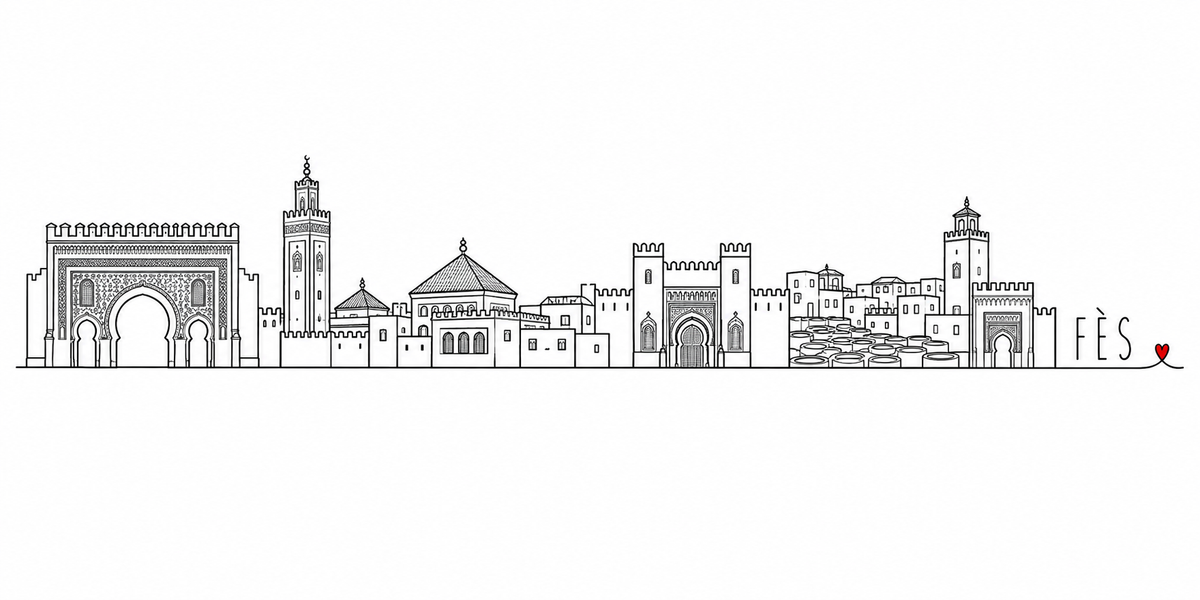 Skyline de Fès dessiné au trait noir continu, de gauche à droite : porte de Bab Bou Jeloud, minaret, remparts, pavillon à toit pyramidal, médina, seconde porte monumentale, cuves des tanneries, minaret — avec le nom FÈS en capitales espacées et un petit cœur rouge