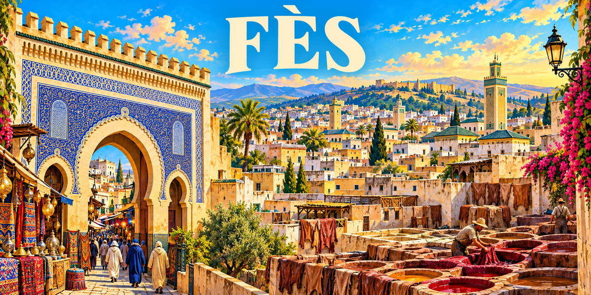 Visuel « FÈS » : Bab Bou Jeloud aux azulejos bleus, cuves des tanneries, médina et minaret
