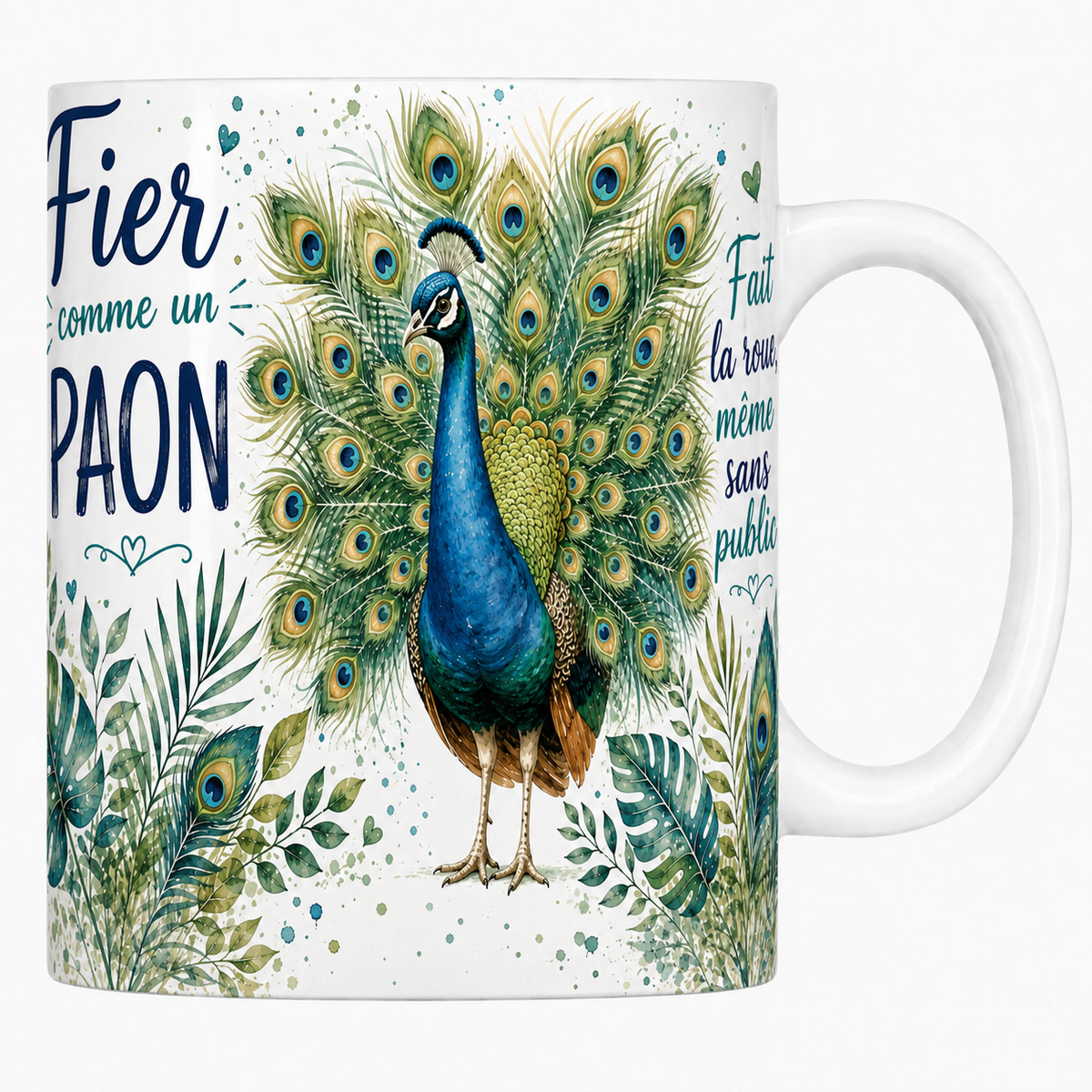 Mug céramique blanc « Fier comme un paon », paon faisant la roue à l'aquarelle