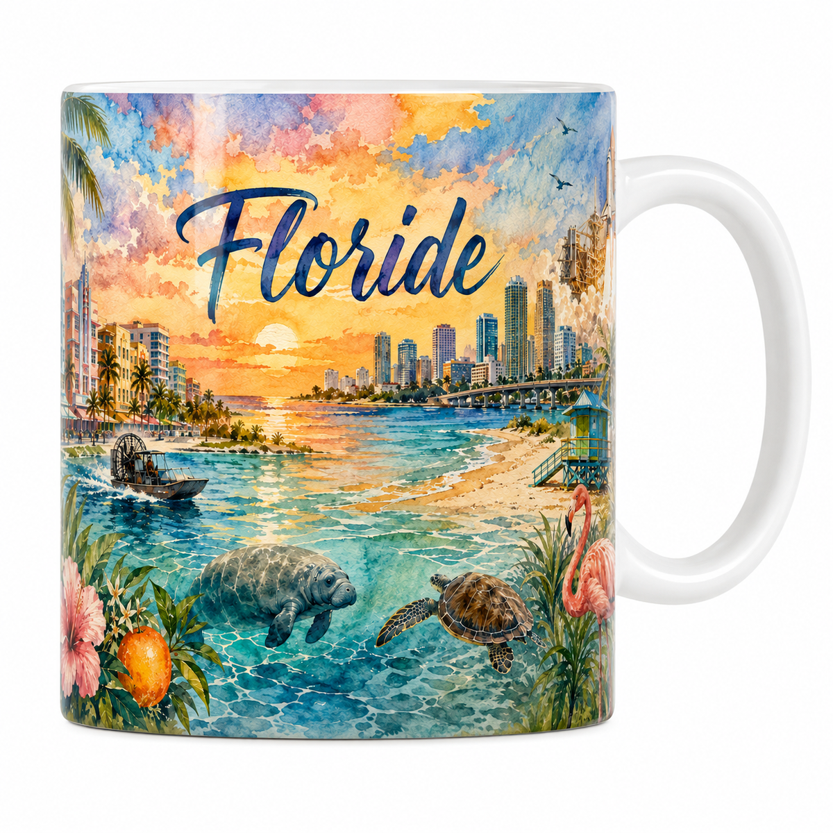 Mug céramique 330 ml Floride aquarelle : skyline de Miami, flamants roses et navette spatiale
