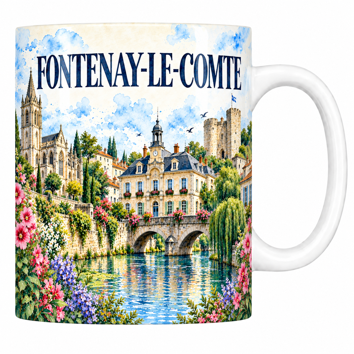 Mug blanc en céramique 330 ml illustré Fontenay-le-Comte à l'aquarelle : flèche de Notre-Dame, pont sur la Vendée et tour ronde crénelée