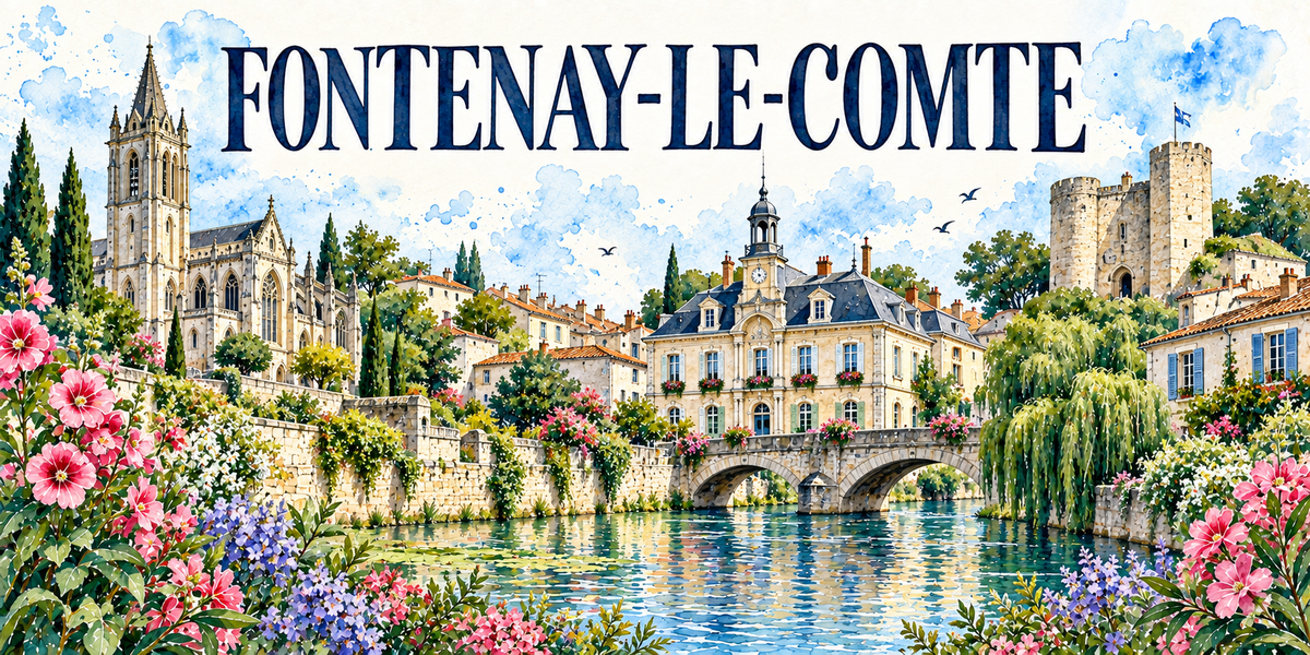 Illustration aquarelle de Fontenay-le-Comte : église Notre-Dame et sa haute flèche de pierre, hôtels particuliers clairs, pont de pierre sur la Vendée, tour ronde crénelée, saule pleureur et cyprès