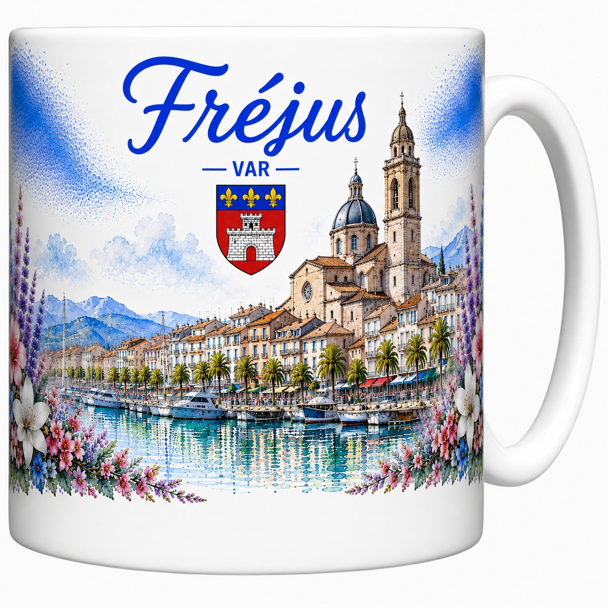 Mug céramique blanc Fréjus Var : blason, cathédrale et port aux voiliers bordé de palmiers en aquarelle