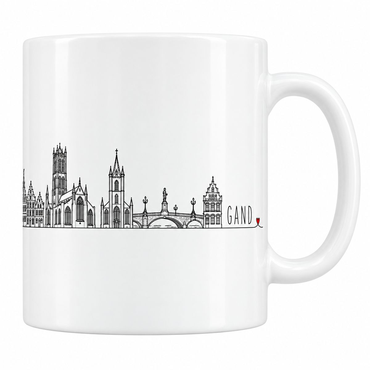 Mug blanc en céramique 330 ml illustré du skyline de Gand au trait noir : les maisons à pignons du quai, le beffroi carré et ses pinacles, l'église gothique et sa flèche à lanterne et le pont de pierre