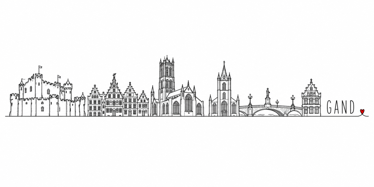 Skyline de Gand dessiné au trait noir continu, de gauche à droite : le Gravensteen crénelé et ses bannières, les maisons à pignons du quai dont l'une coiffée d'une figure dorée, le beffroi carré et ses pinacles avec la halle aux draps, l'église gothique et sa flèche à lanterne, le pont de pierre et son réverbère — avec le nom GAND en capitales espacées et un petit cœur rouge