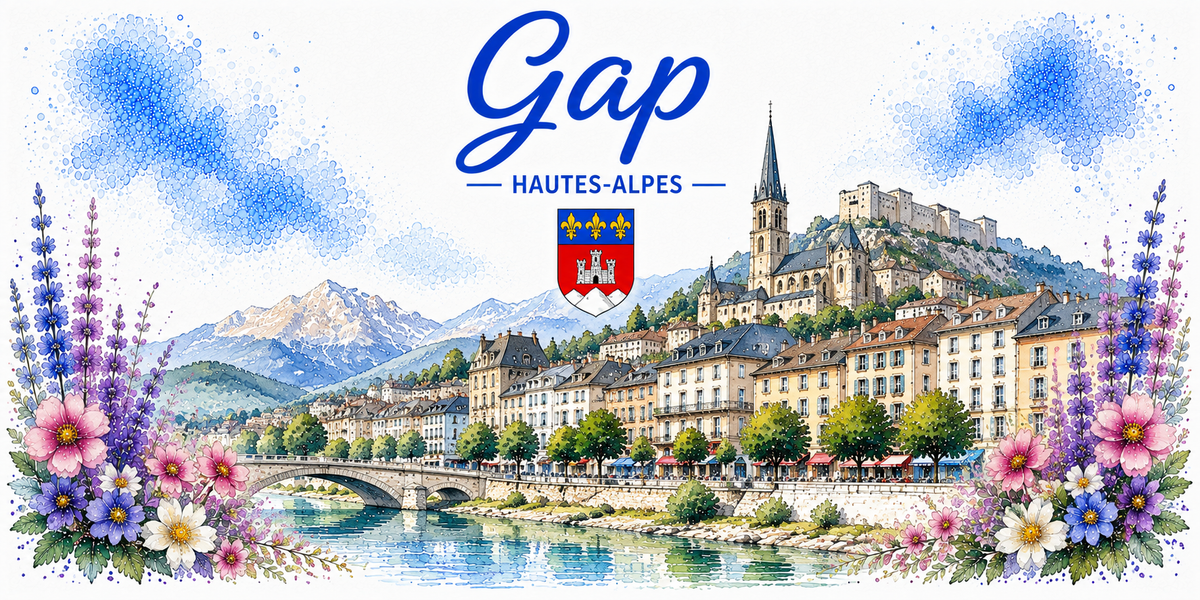 Design du mug Gap : bandeau Hautes-Alpes et blason, cathédrale au clocher élancé, vieille ville et montagnes enneigées