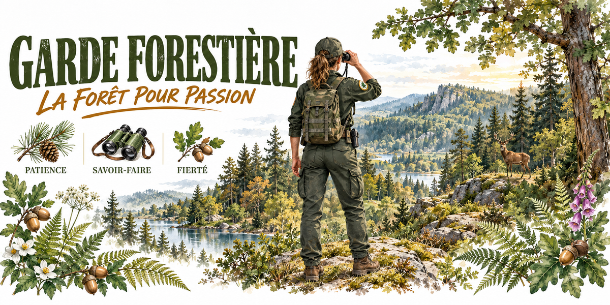 Aquarelle garde forestière : les mots GARDE FORESTIÈRE en capitales vert foncé et la mention manuscrite La Forêt pour Passion, une garde en tenue vert olive, sac à dos et casquette vue de dos, jumelles aux yeux, forêt mixte au bord d'un lac, cerf sur un rocher à droite, montagnes bleutées au loin, trois vignettes — branche de sapin patience, jumelles savoir-faire, glands fierté — et une bordure de fougères, de glands et de fleurs des bois