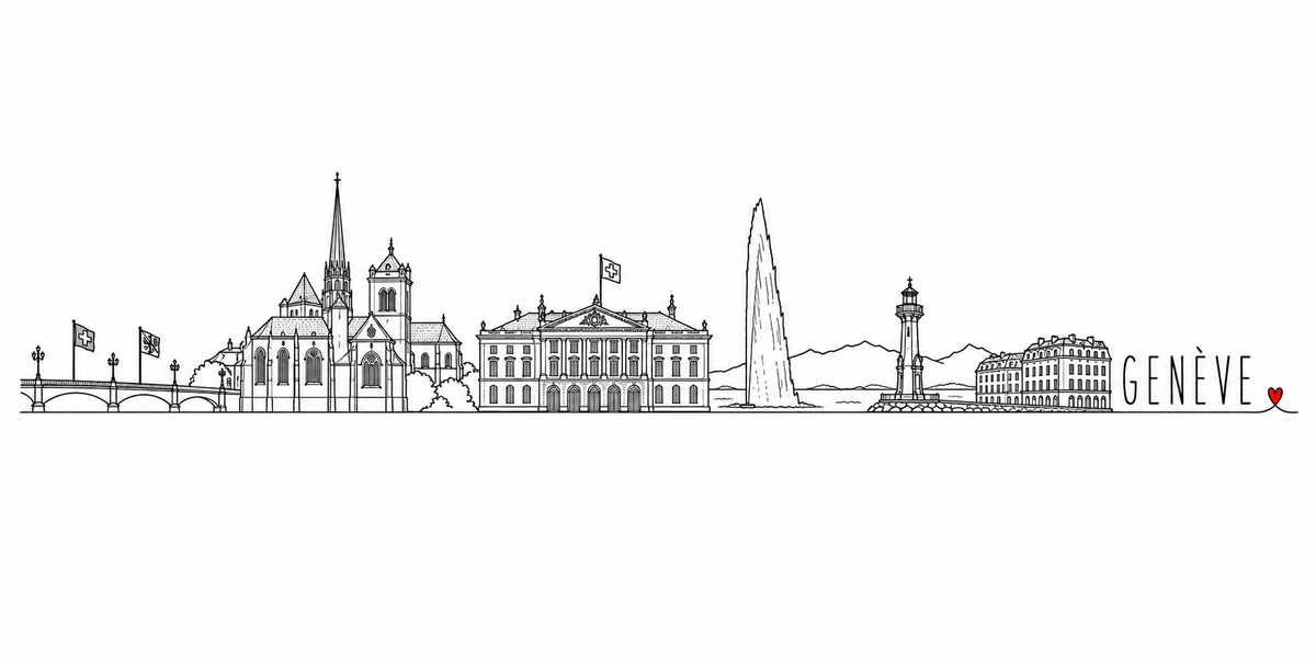 Skyline de Genève dessiné au trait noir continu, de gauche à droite : pont aux drapeaux, cathédrale Saint-Pierre et sa flèche, édifice néoclassique, Jet d'eau, montagnes, phare des Pâquis, immeubles des quais — avec le nom GENÈVE en capitales espacées et un petit cœur rouge
