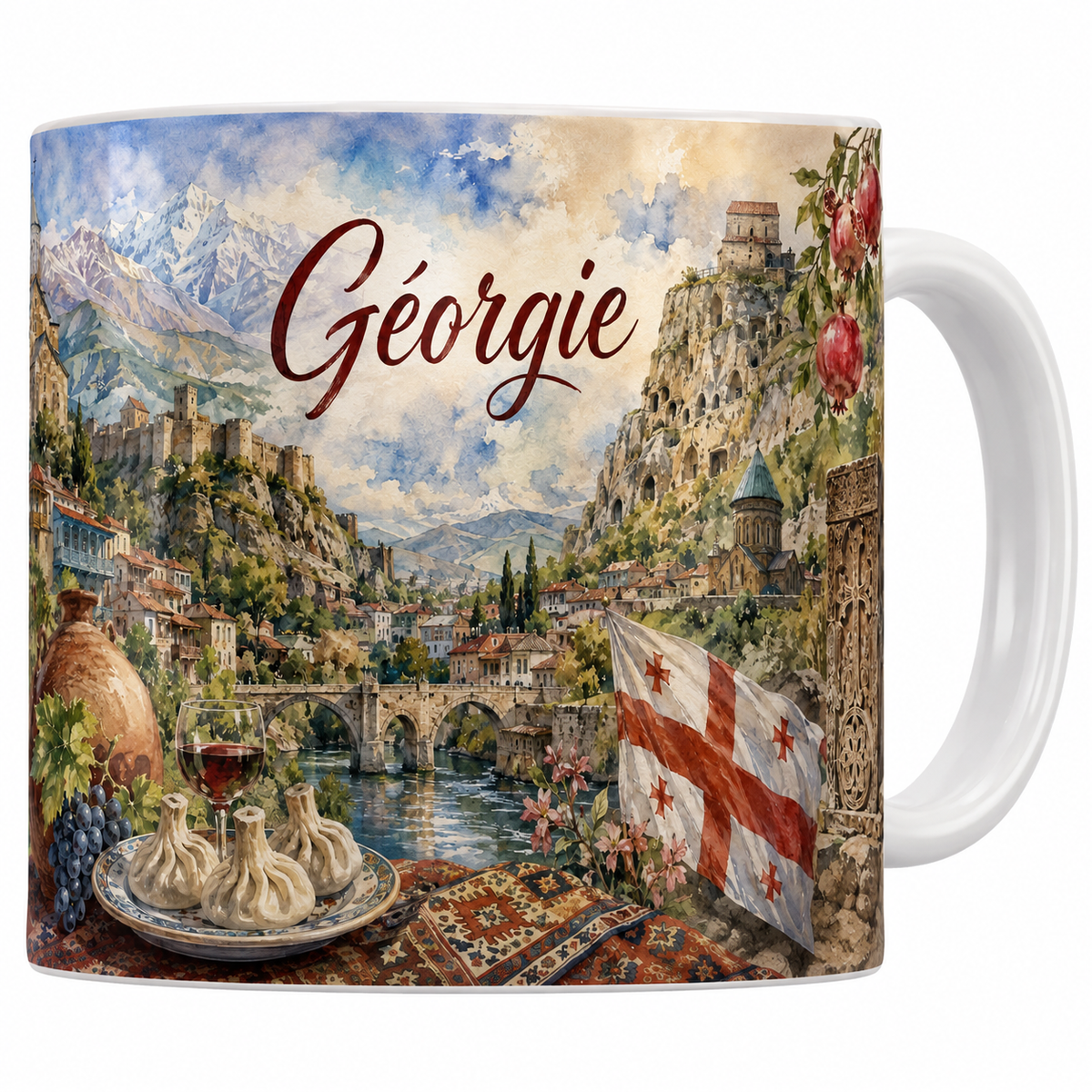 Mug céramique 330 ml Géorgie aquarelle : Tbilissi, Narikala et vin en qvevri