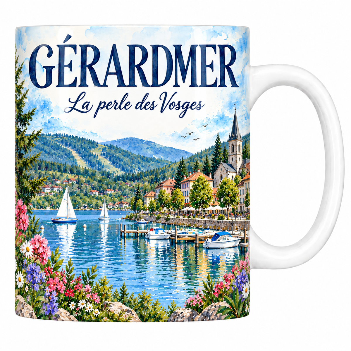 Mug blanc en céramique 330 ml illustré Gérardmer à l'aquarelle : le lac, les voiliers, le clocher et les sapins des Vosges
