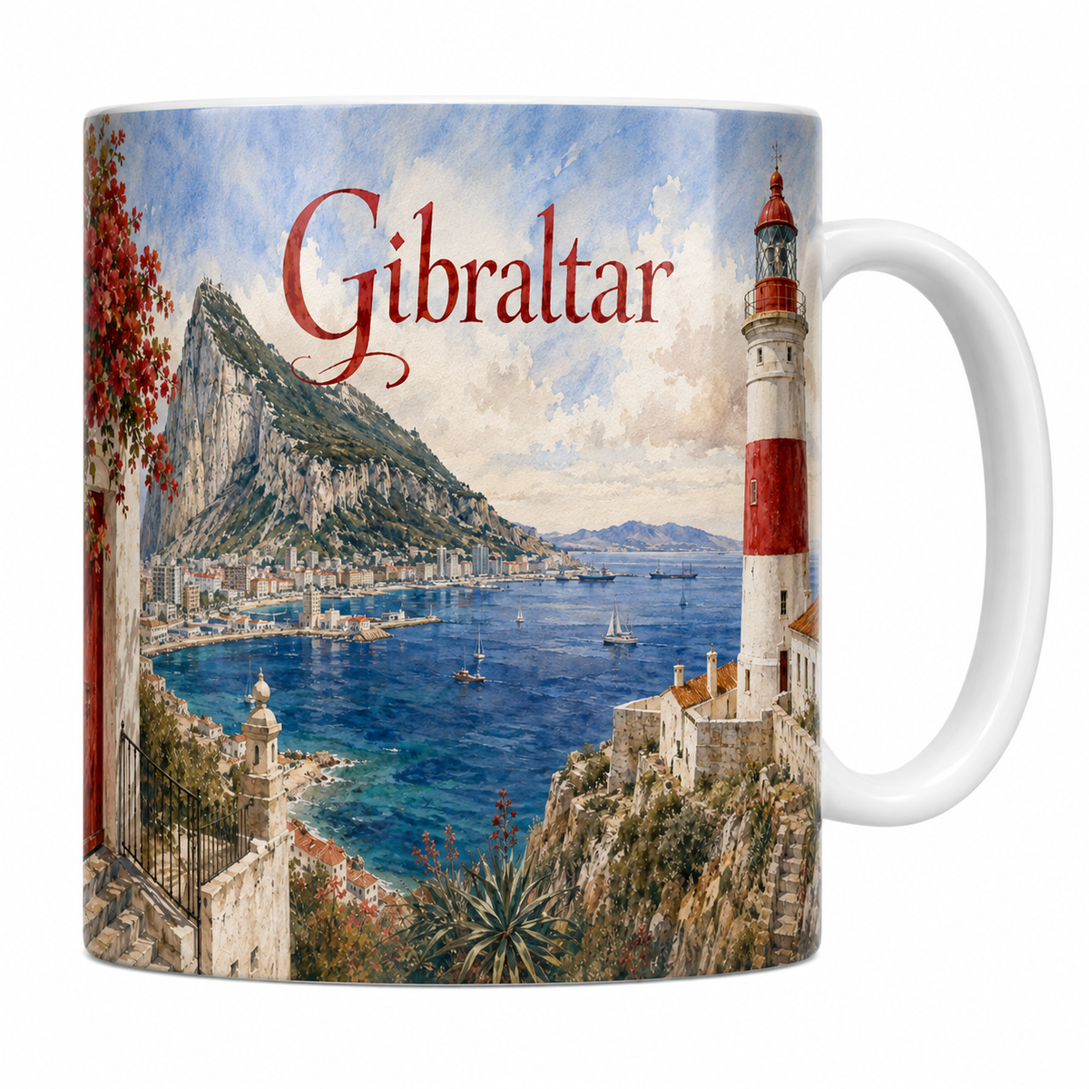 Mug céramique 330 ml Gibraltar aquarelle : le Rocher, la baie et le phare rayé d'Europa Point