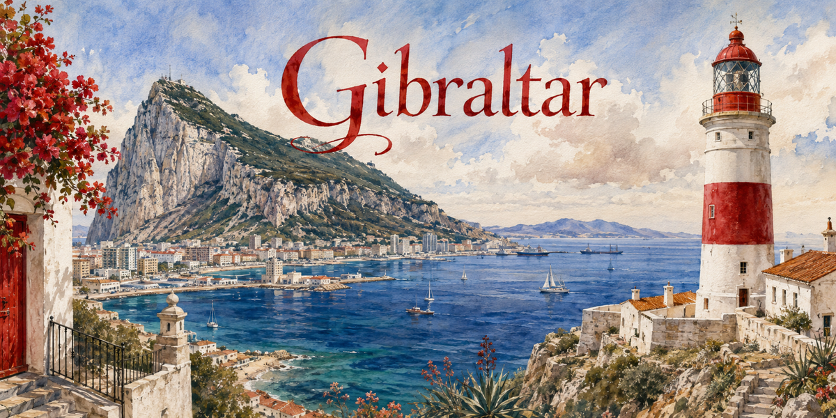 Visuel Gibraltar aquarelle : masse calcaire du Rocher, bateaux dans la baie et phare rouge et blanc