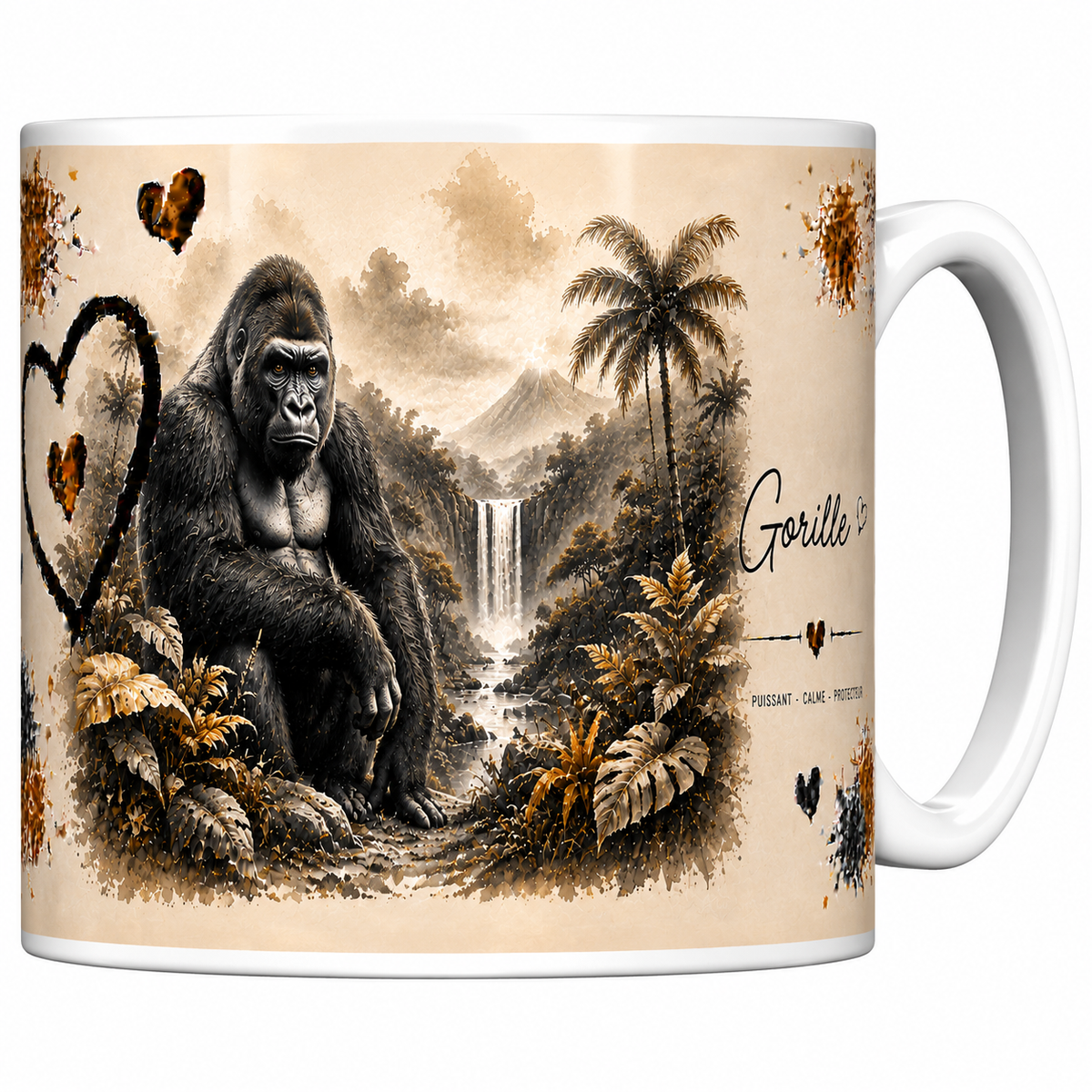 Mug céramique blanc Gorille « Puissant, calme, protecteur » : gorille assis dans la jungle, grand cœur