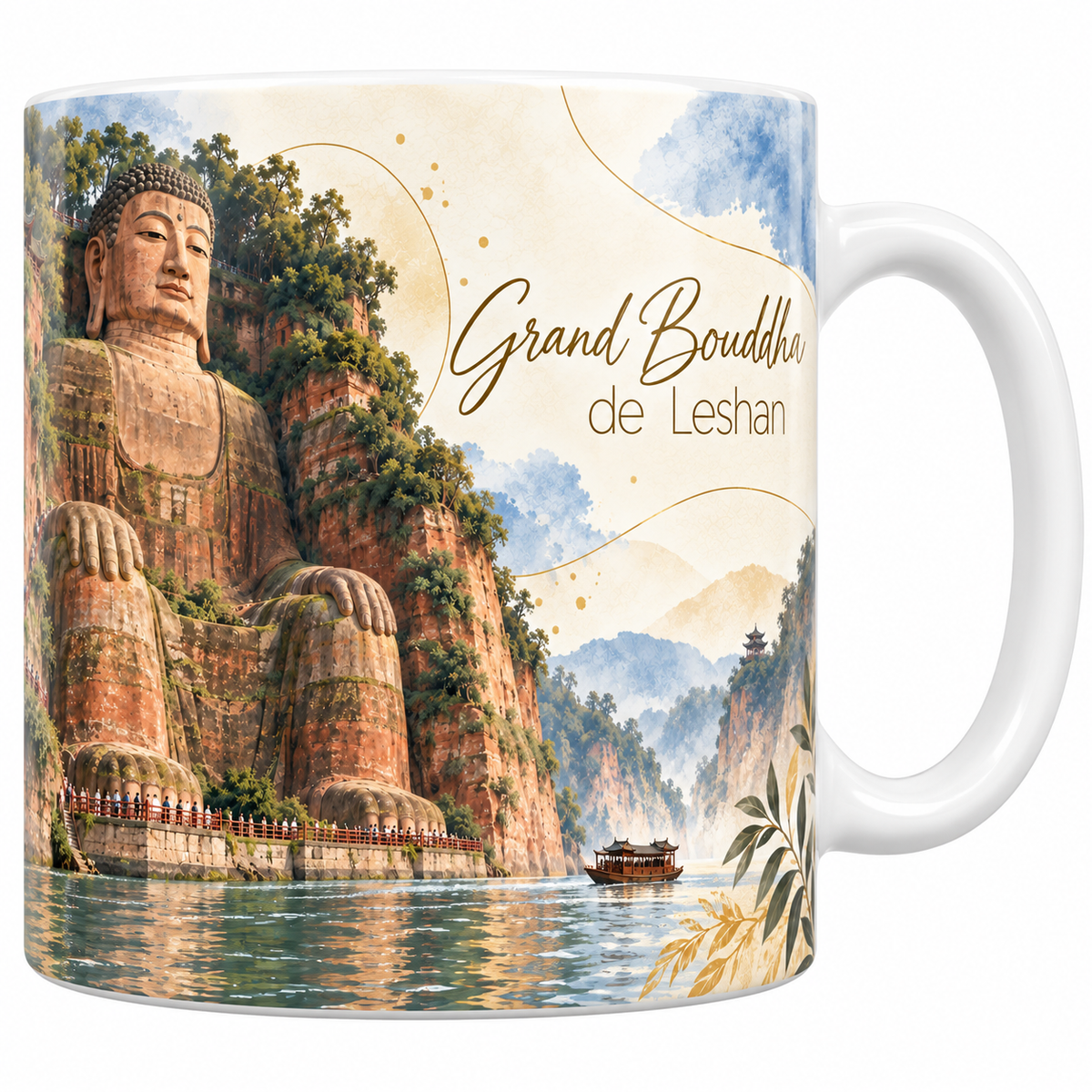 Mug céramique blanche 330 ml illustré du Grand Bouddha de Leshan à l'aquarelle, la statue colossale taillée dans la falaise rouge, les escaliers à flanc de roche et leurs visiteurs minuscules, la rivière verte, les montagnes brumeuses et le titre Grand Bouddha de Leshan en lettres dorées