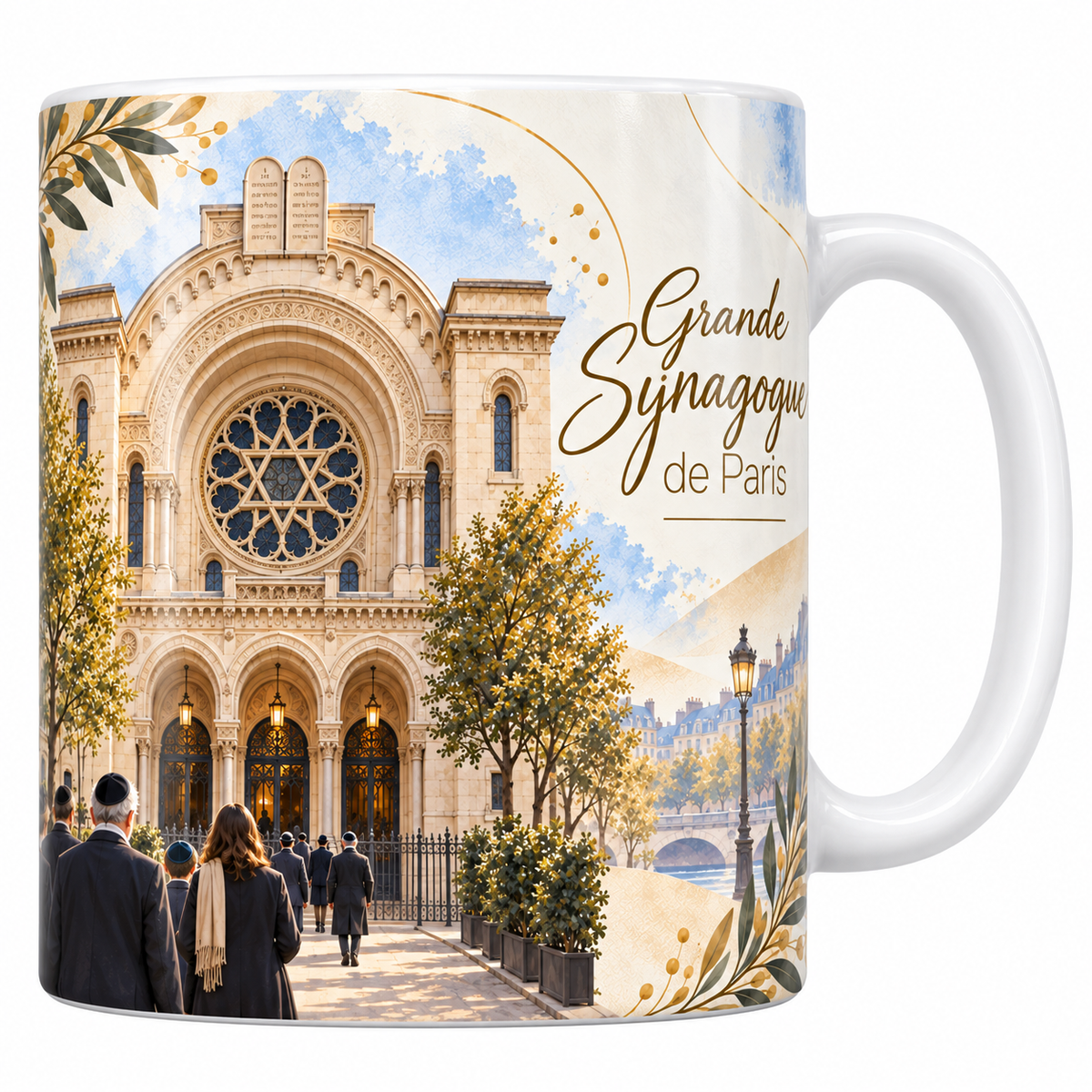 Mug céramique blanche 330 ml illustré de la Grande Synagogue de Paris à l'aquarelle, sa façade de pierre claire percée d'une grande rosace à étoile de David, ses arcades en plein cintre, les fidèles qui entrent, les arbres de la rue et le titre Grande Synagogue de Paris en lettres dorées