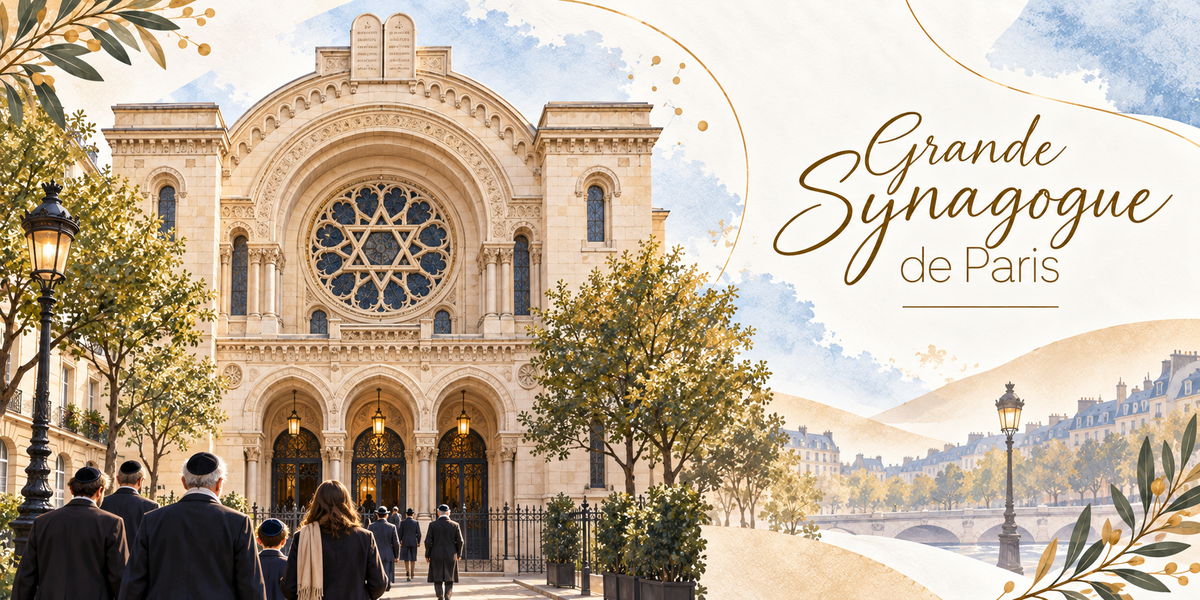Visuel aquarellé de la Grande Synagogue de Paris rue de la Victoire, sa façade de pierre claire percée d'une grande rosace à étoile de David, ses hautes arcades en plein cintre et ses colonnettes, les fidèles en kippa qui gravissent les marches, les arbres et les réverbères de la rue étroite, un pont sur la Seine au loin, des feuillages en bordure et le titre Grande Synagogue de Paris en lettres dorées
