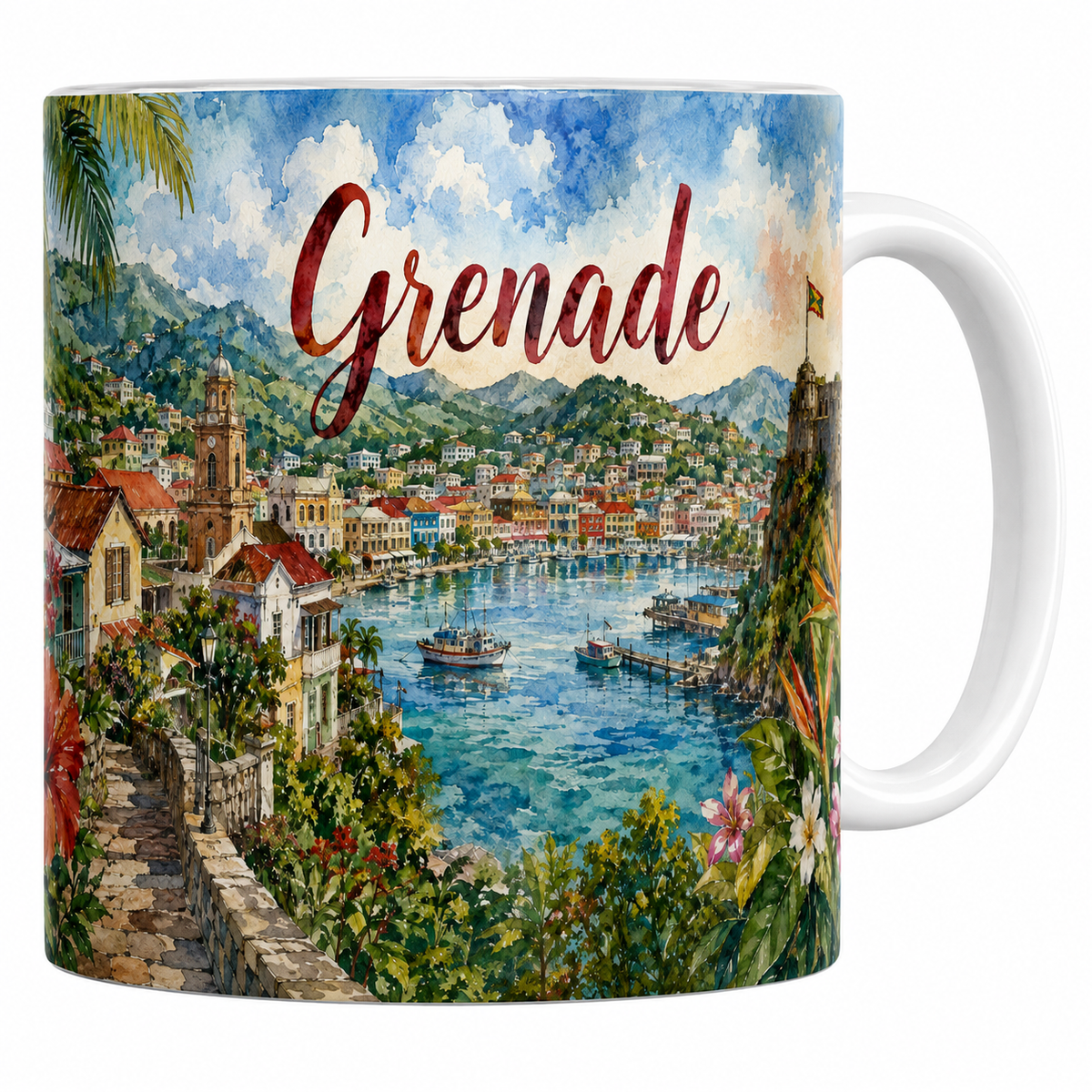 Mug céramique 330 ml Grenade aquarelle : port de St. George's, fort et oiseaux de paradis