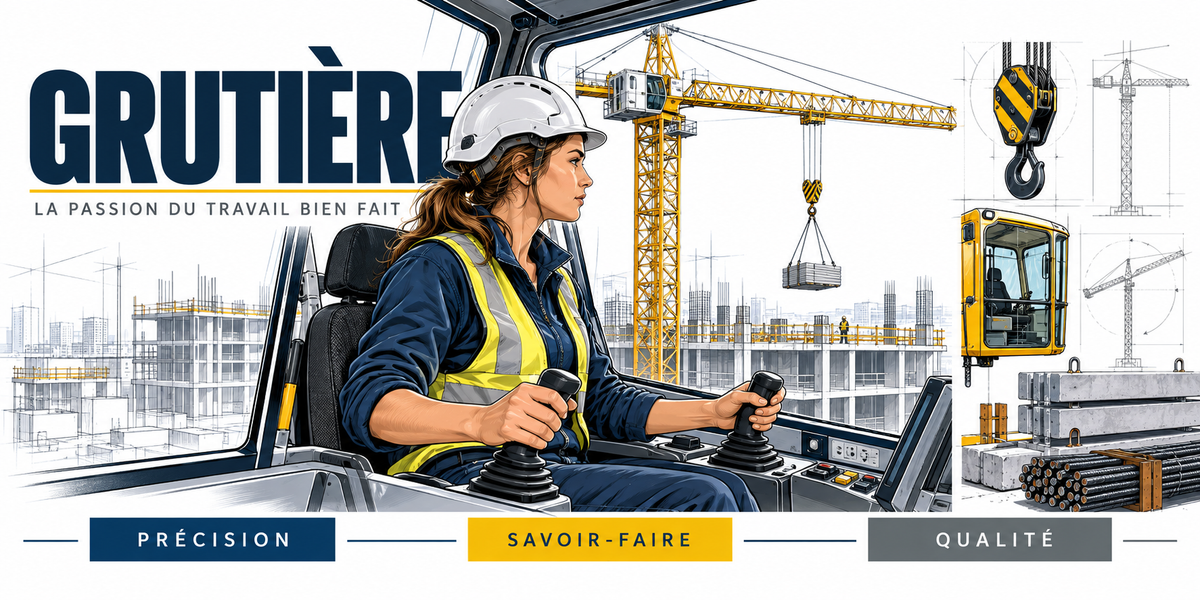 Illustration grutière : femme en casque blanc et veste à bandes réfléchissantes aux manipulateurs dans sa cabine, grue à tour jaune, crochet, charge suspendue et chantier en fond