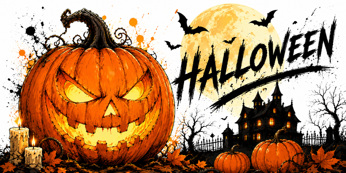 Design du mug Jack-o'-Lantern : citrouille sculptée ardente, bougies, lettrage Halloween et manoir hanté