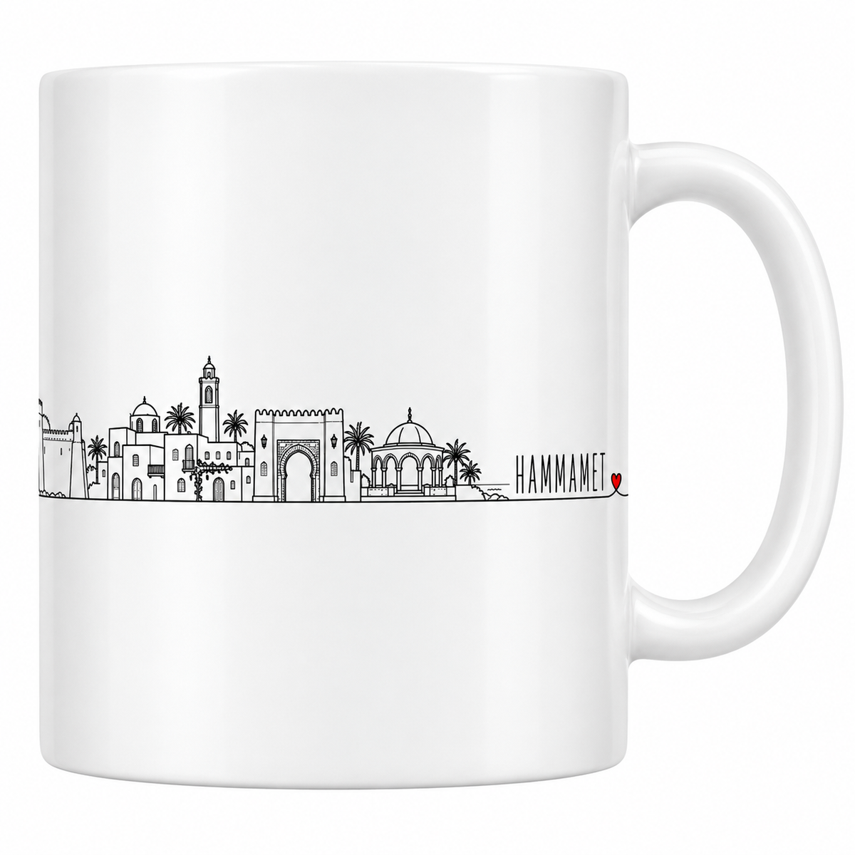 Mug blanc en céramique 330 ml illustré du skyline de Hammamet au trait noir : médina blanche, minaret carré à lanternon, porte en fer à cheval et mausolée à coupole
