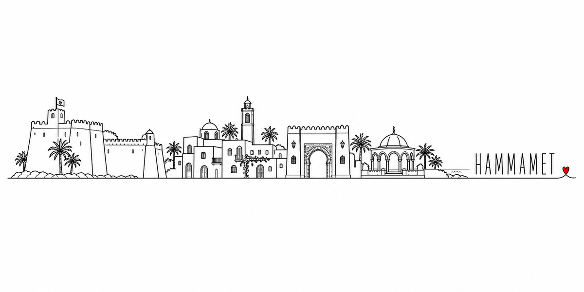 Skyline de Hammamet dessiné au trait noir continu, de gauche à droite : le fort crénelé et son drapeau posés sur les rochers, les palmiers, le rempart et les maisons blanches de la médina, le minaret carré à lanternon et sa coupole, la porte monumentale en fer à cheval, un mausolée à coupole entouré d'arcades et les palmiers du bord de mer — avec le nom HAMMAMET en capitales espacées et un petit cœur rouge