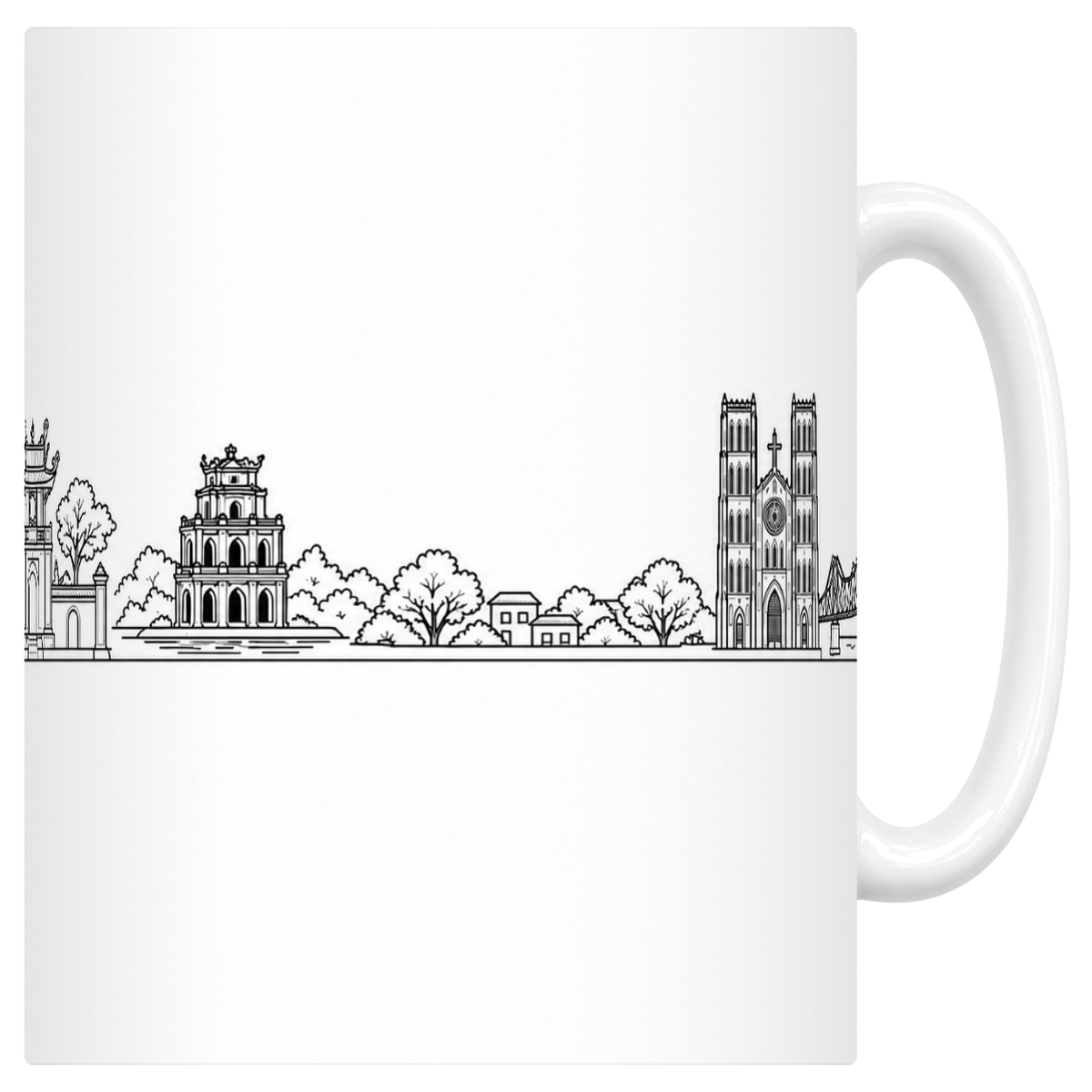 Mug blanc en céramique 330 ml illustré du skyline de Hanoï au trait noir : la pagode au pilier unique, la tour de la Tortue sur le lac, la cathédrale à deux tours et le pont en treillis
